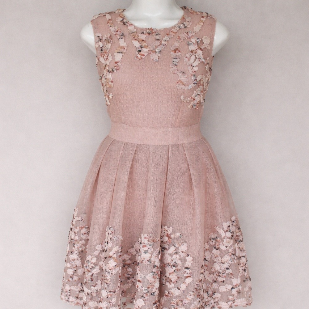 MAJE Paris Blush Pink 3D Floral‎ Appliqué Mesh Fit Flare Dress SZ 1 Paris France